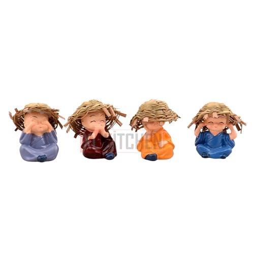 XL Kitchen Polyresin Think No Evil, Speak No Evil, Hear No Evil, See No Evil Set of 4 Baby Monk Buddha Statue with Hat Decorative Showpiece for car Dashboard, Car - Image 5