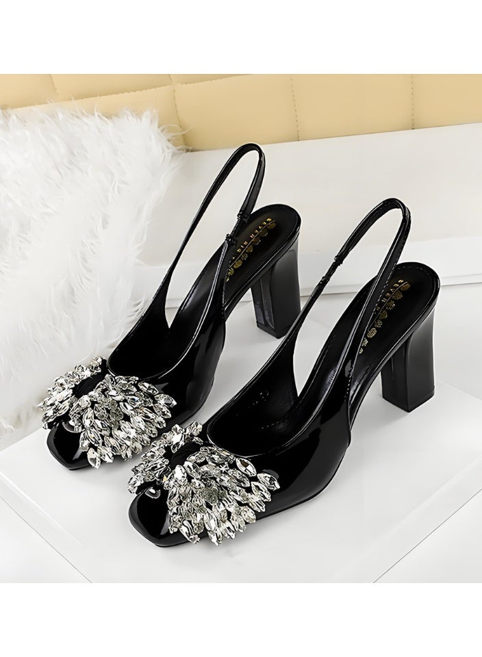 BIGTREE Women's Rhinestone Closed Square Toe Pumps Slingback High Heels With Straps Sandals Black 8.5CM - Image 1