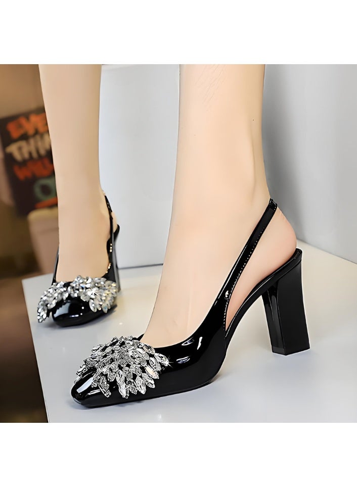 BIGTREE Women's Rhinestone Closed Square Toe Pumps Slingback High Heels With Straps Sandals Black 8.5CM - Image 3