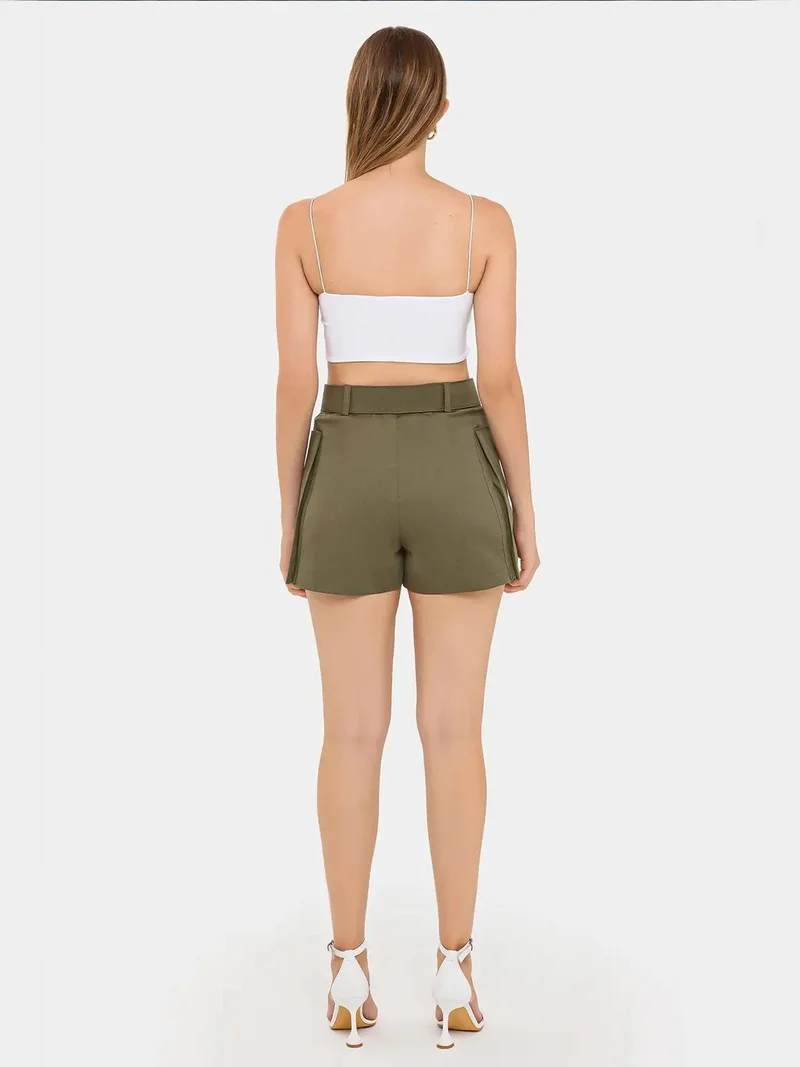 Hiccup Khaki Green Cotton High-Waist Shorts with Pocket and Belt Detail for Women | Best Price UAE