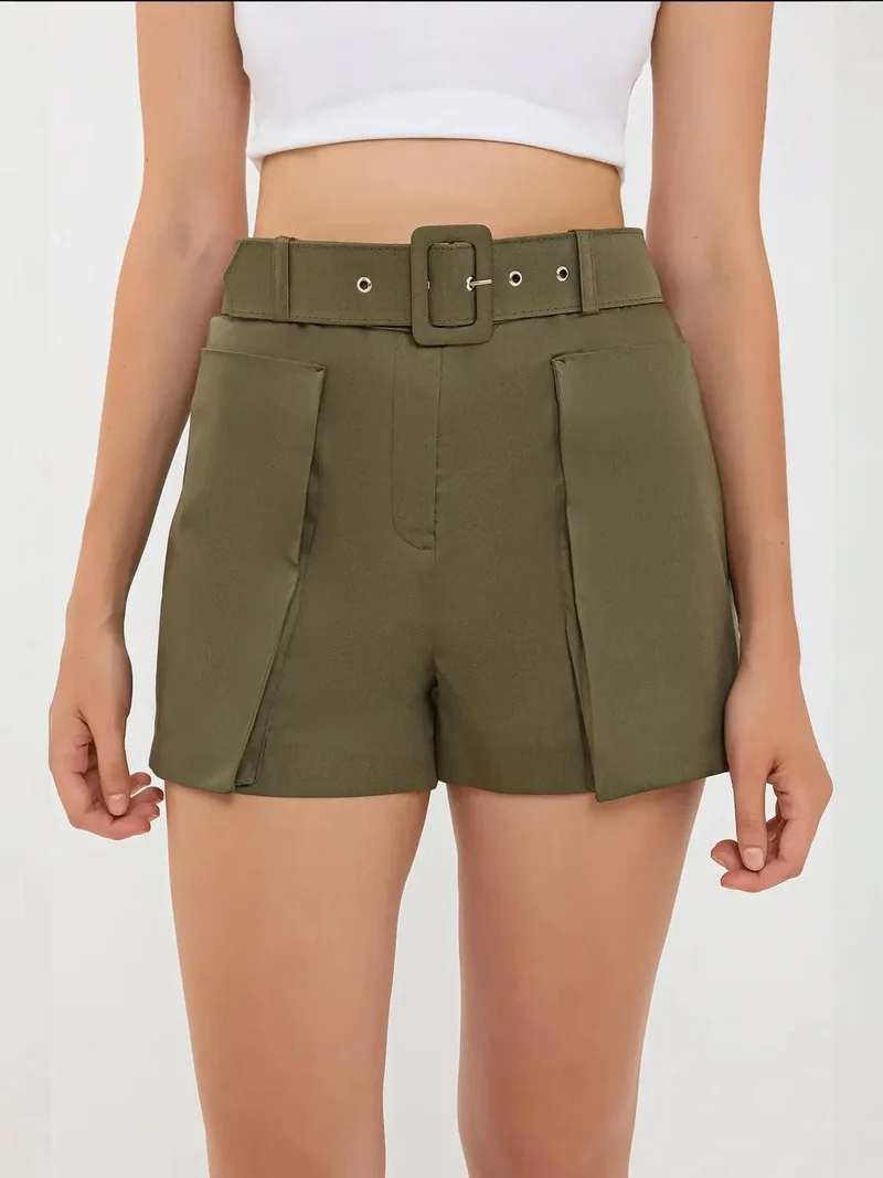 Cotton High-Waist Shorts with Pocket and Belt Detail