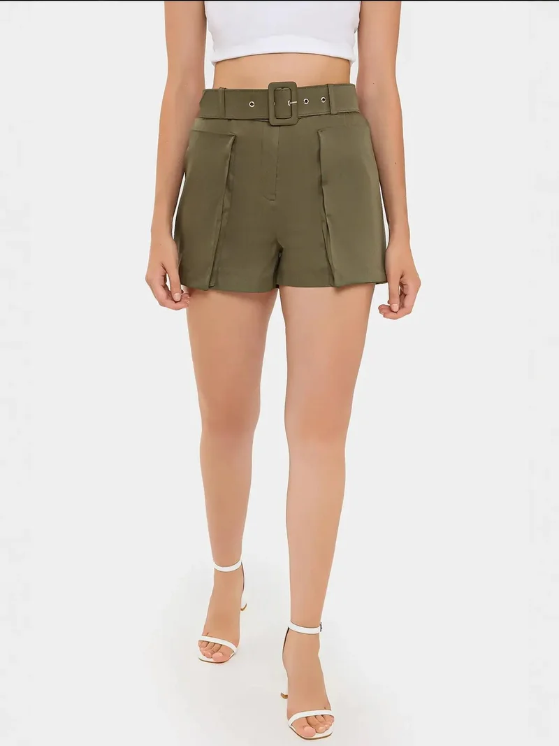 Hiccup Khaki Green Cotton High-Waist Shorts with Pocket and Belt Detail for Women | Best Price UAE