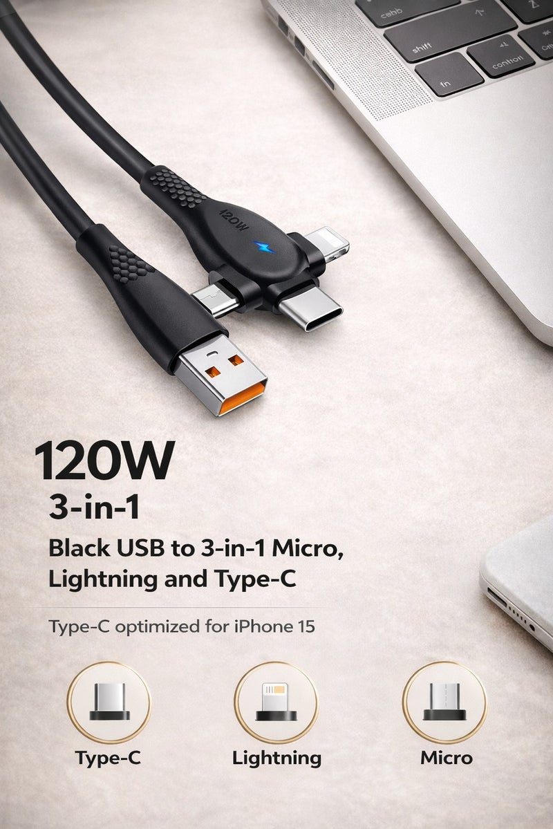 كابل شاحن 3 في 1 USB Type C لأجهزة iPhone 15 14 Android Type-C كابل بيانات الهاتف المحمول كابل شحن سريع USB Micro - Image 1