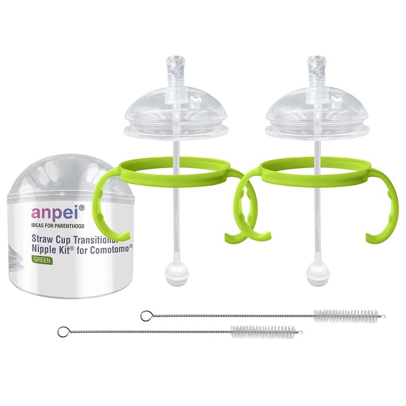 AnPei Straw Transition Cup Kit for Comotomo Baby Bottles  Conversion Kit Fits 5 and 8 Ounce Bottles  Soft Silicone Straw Top Bottle Nipple  Weighted Straw to Help Baby  2 Pack Green  Brushes - Image 1