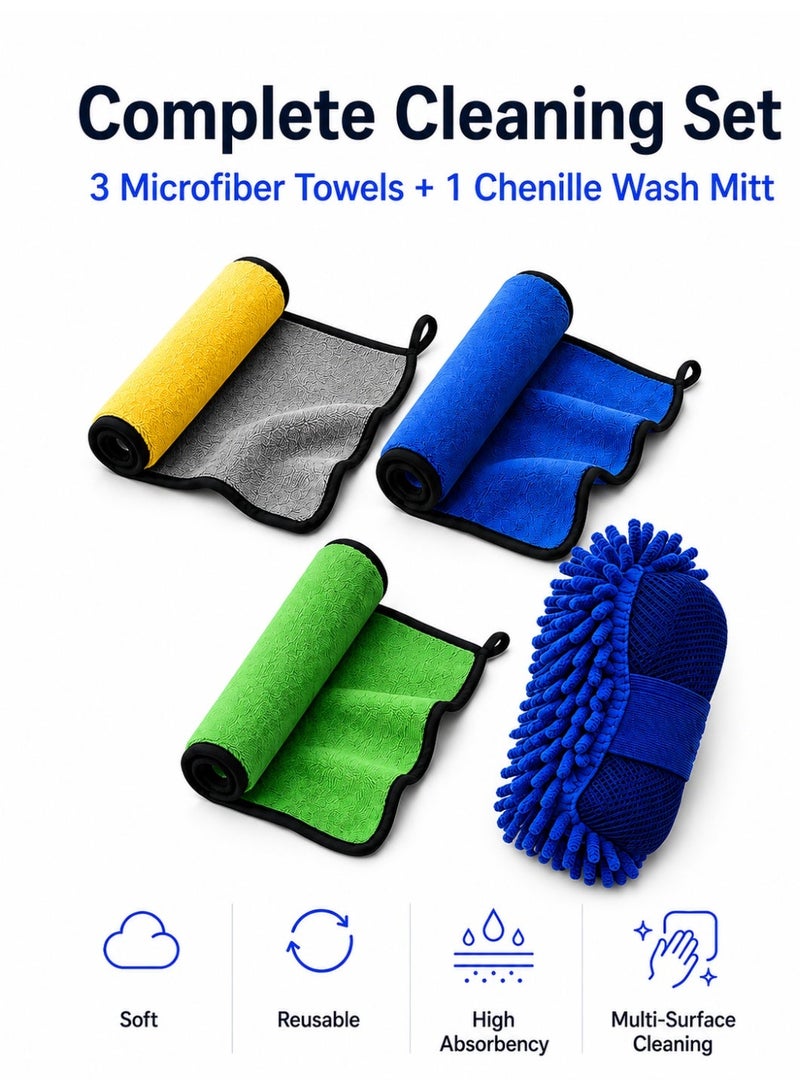 lebonaer Car Towel Microfiber Cleaning Cloth Pack of 3 with Washing Sponge- Multipurpose Towel for Washing Drying Dusting - Image 1