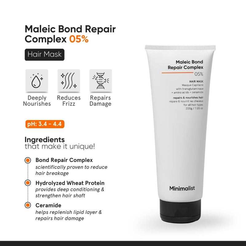 Minimalist Hair Mask For Frizzy Hair Repairing Dry Damaged  Dull Hair  Maleic Bond Repair Complex 05 with Transglutaminase Amino Acids  Ceramides  For Damaged  Treated Hair  Controls Frizzy Hair  For Women  Men  200 gm - Image 2