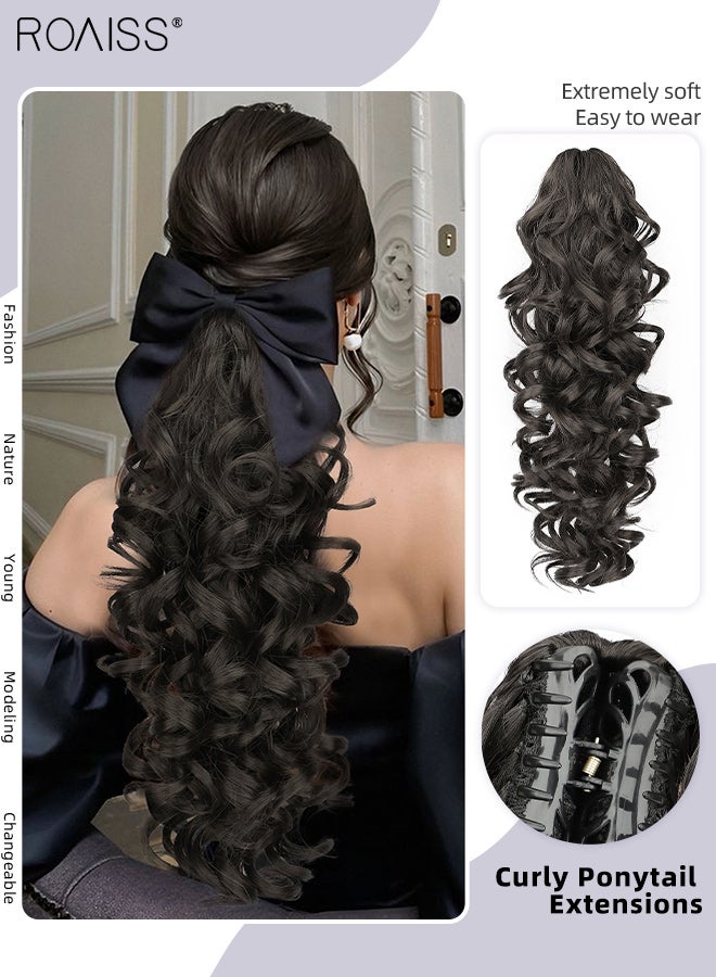 رويس وصلات ذيل حصان بطول 16 بوصة، ذيل حصان مجعد صناعي للاستخدام اليومي في الحفلات، وصلات ذيل حصان مجعدة بمشبك مخلب وفك، شعر مستعار طبيعي منفوش مع رباط للنساء - Image 1