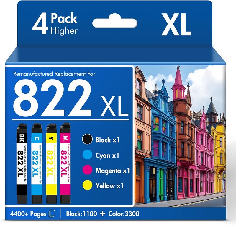 822XL 822 WF-3820 خراطيش حبر طابعة معاد تصنيعها بديلة لخراطيش حبر Epson 822XL، حزمة مدمجة لـ Epson 822 XL لطابعات Workforce Pro WF-4830 WF-4833 WF-4820 WF-4834 WF-3823 (4 عبوات) - Image 1