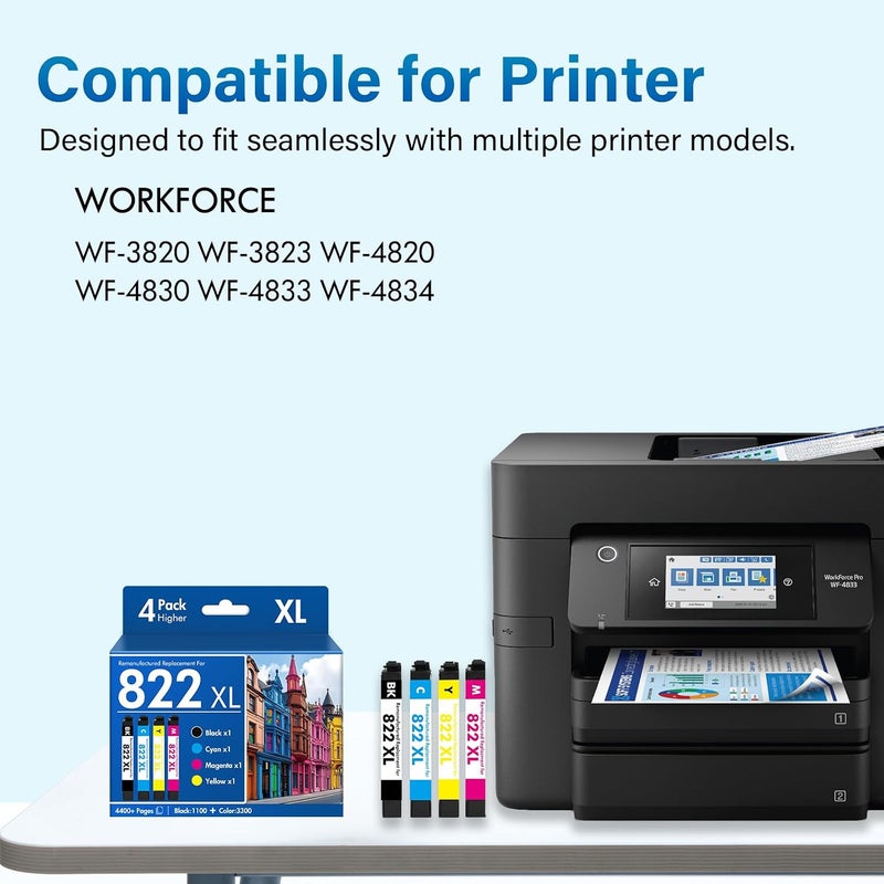 822XL 822 WF-3820 خراطيش حبر طابعة معاد تصنيعها بديلة لخراطيش حبر Epson 822XL، حزمة مدمجة لـ Epson 822 XL لطابعات Workforce Pro WF-4830 WF-4833 WF-4820 WF-4834 WF-3823 (4 عبوات) - Image 2