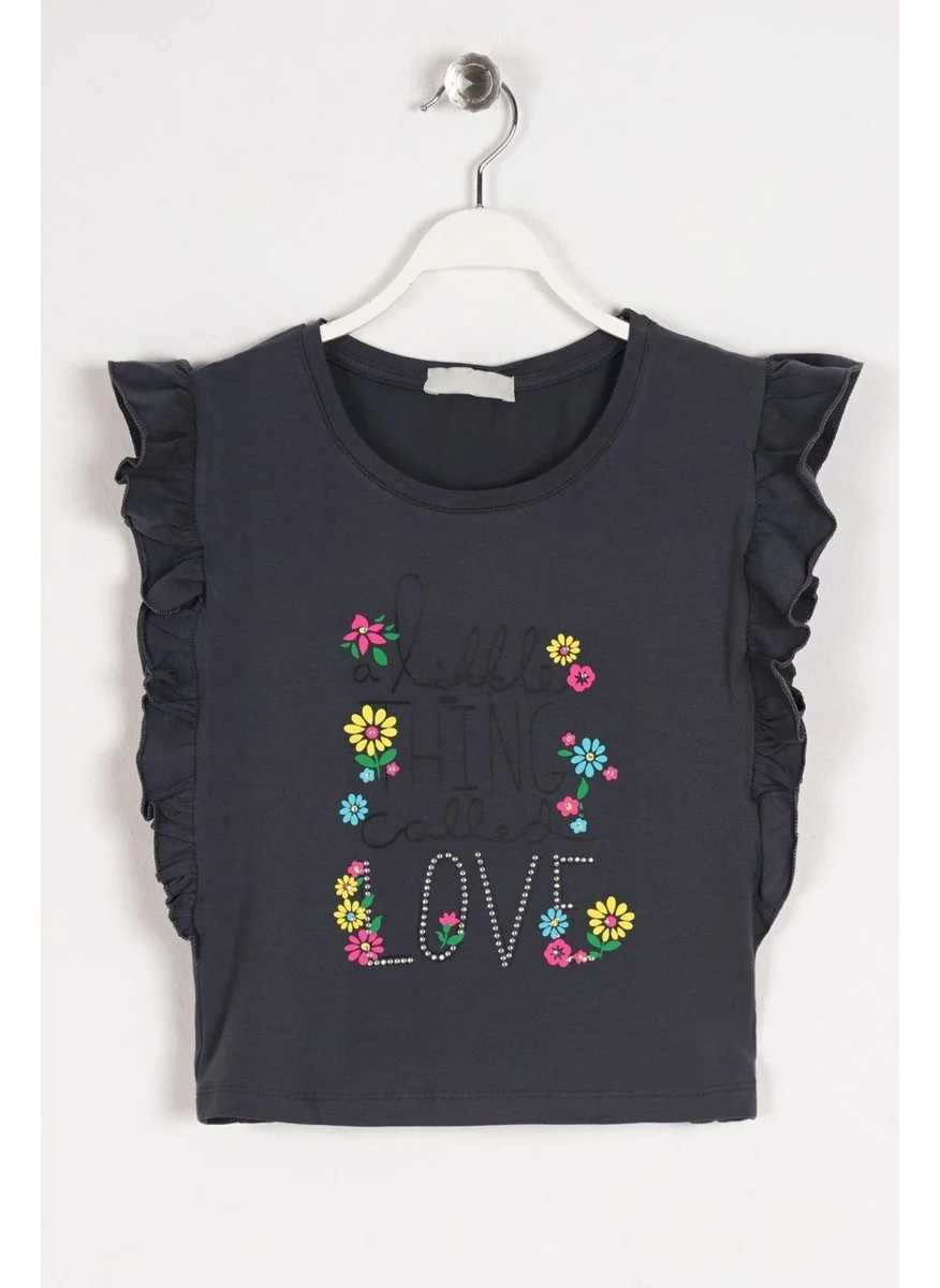 Zepkids Crew Neck Short Sleeve Little Think Love Text Printed Side Ruffle Fume Color Girls T-shirt