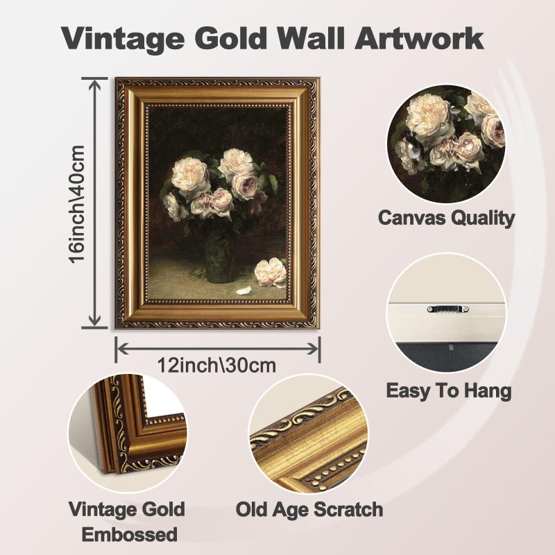 ASTRDECOR Vintage Floral Wall Art, Gold Framed Canvas Wall Art Moody Dark Roses Painting, Vintage Flower Art Print for Kitchen Bedroom Bathroom Wall Decor, French Country Decor - 12" x 16" - Image 2