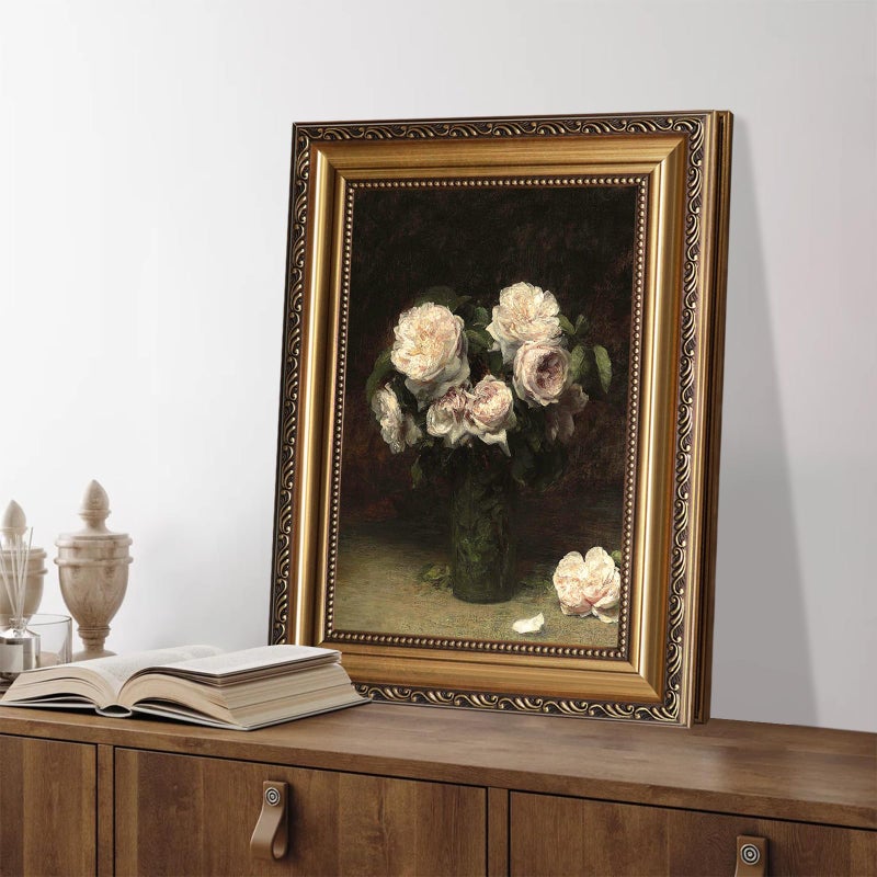 ASTRDECOR Vintage Floral Wall Art, Gold Framed Canvas Wall Art Moody Dark Roses Painting, Vintage Flower Art Print for Kitchen Bedroom Bathroom Wall Decor, French Country Decor - 12" x 16" - Image 3