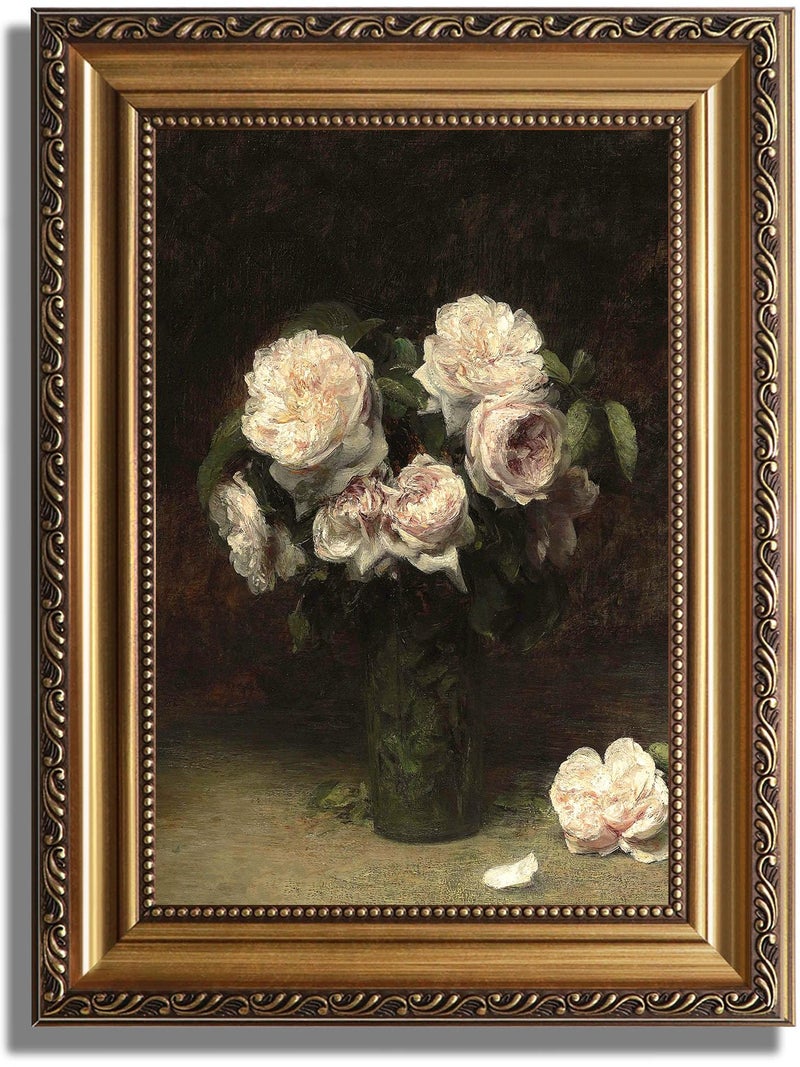 ASTRDECOR Vintage Floral Wall Art, Gold Framed Canvas Wall Art Moody Dark Roses Painting, Vintage Flower Art Print for Kitchen Bedroom Bathroom Wall Decor, French Country Decor - 12" x 16" - Image 1