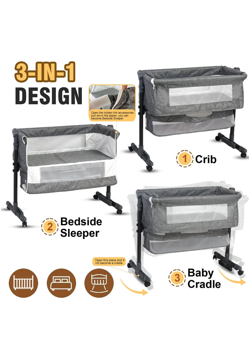 SKY-TOUCH - 3 in 1 Portable adjustable baby bedside crib, large storage basket, travel crib with detachable mosquito net, breathable mattress, and soft mattress with 360-degree swivel wheels for newborns and infants，Dark Grey - Image 1
