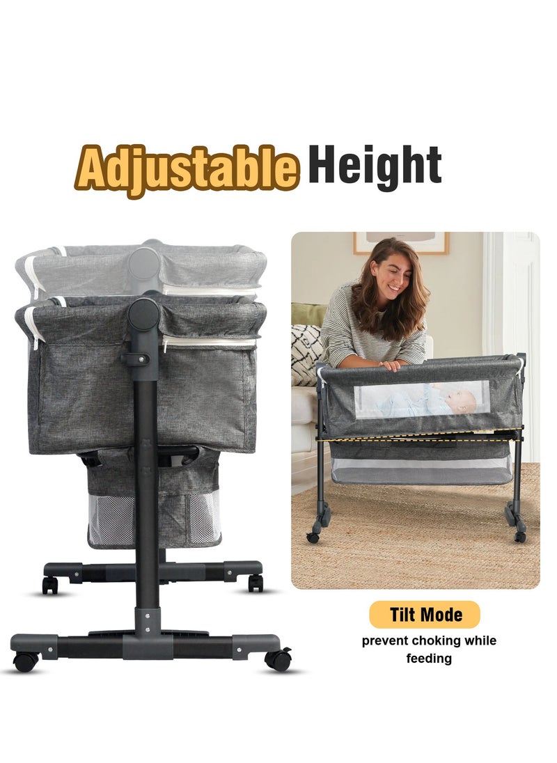SKY-TOUCH - 3 in 1 Portable adjustable baby bedside crib, large storage basket, travel crib with detachable mosquito net, breathable mattress, and soft mattress with 360-degree swivel wheels for newborns and infants，Dark Grey - Image 1