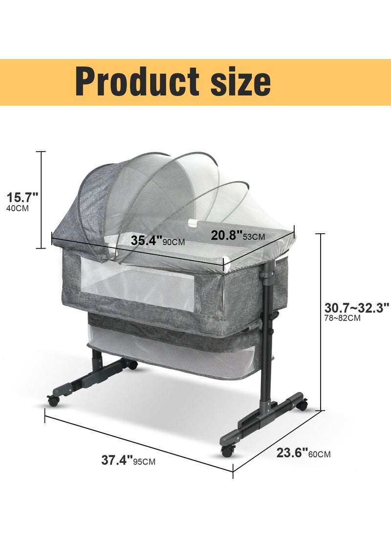 SKY-TOUCH - 3 in 1 Portable adjustable baby bedside crib, large storage basket, travel crib with detachable mosquito net, breathable mattress, and soft mattress with 360-degree swivel wheels for newborns and infants，Dark Grey - Image 1