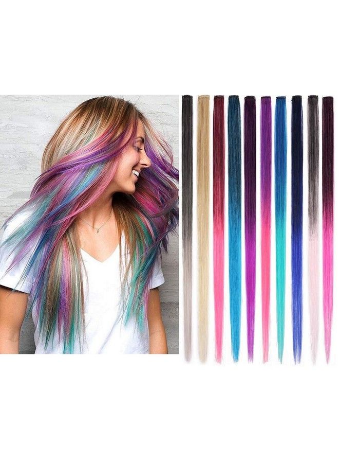 STAR WORK 10 Pack Colored Party Highlights Clip In Hair Extensions For Girls 22 Inches Multicolors Straight Hair Synthetic Hairpieces In The Party - Image 2