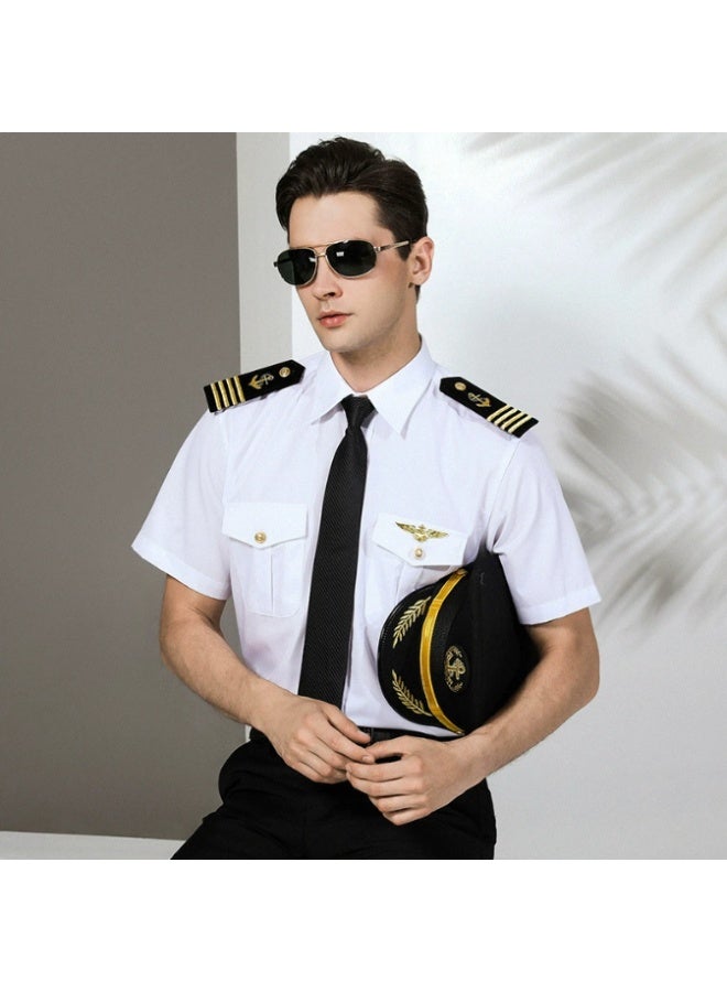 مجموعة زي لعب الدور للطيار - زي كابتن شركة الطيران - زي يوم حياة الكبار / المراهقين (170 سم)  - (مجموعة تتضمن: قميص قصير الأكمام + بنطلون + حزام جلدي + نظارات شمسية الطيار + قبعة الكابتن + ربطة + epaulettes قابلة للتعديل + شارة) - Image 1
