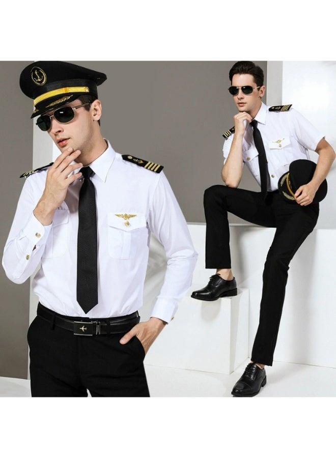 مجموعة زي لعب الدور للطيار - زي كابتن شركة الطيران - زي يوم حياة الكبار / المراهقين (170 سم)  - (مجموعة تتضمن: قميص قصير الأكمام + بنطلون + حزام جلدي + نظارات شمسية الطيار + قبعة الكابتن + ربطة + epaulettes قابلة للتعديل + شارة) - Image 2