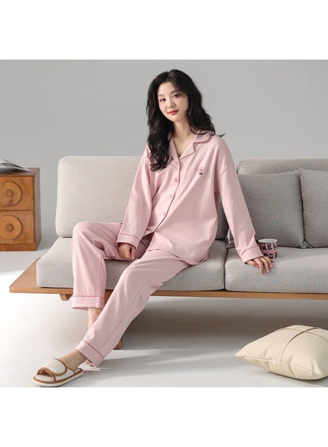 Fentengcare New Women's Pajamas, Spring And Autumn Cardigan With Lapel, Sweet Style, Lightweight Pure Cotton Solid Color Loungewear Two-piece Set