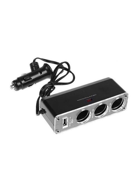 USB Car Charger With Triple Lighter Socket Black