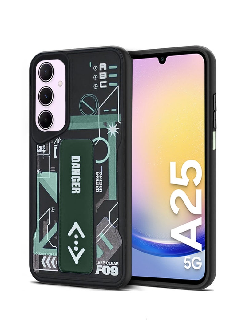 Techie Aesthetic Fashion Silicone Back Case Cover with Magnetic Hand Grip & Kickstand for Samsung Galaxy A25 – Black/ Green - Image 1
