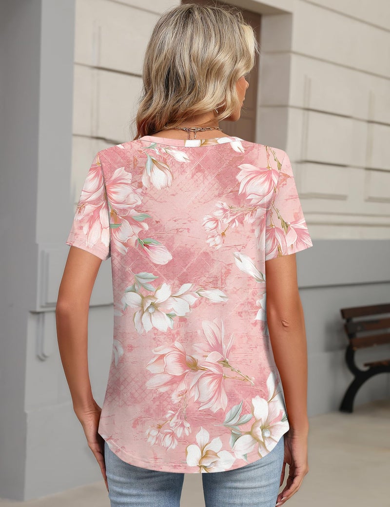 TCOT Womens T Shirts Summer Short Sleeve V Neck Tunic Tops to Wear with Leggings White Floral Cute Clothes 2026 XL - Image 3