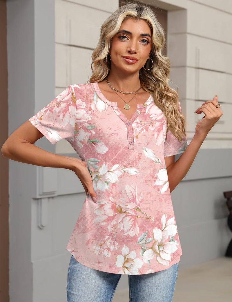 TCOT Womens T Shirts Summer Short Sleeve V Neck Tunic Tops to Wear with Leggings White Floral Cute Clothes 2026 XL - Image 2