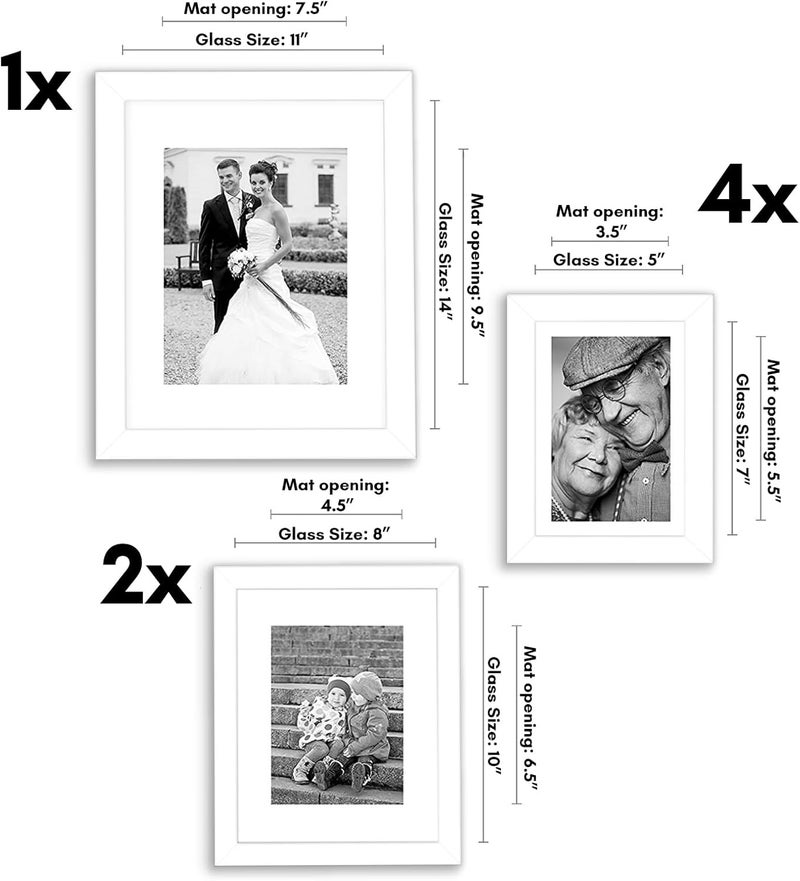 Americanflat 7 Piece White Gallery Wall Picture Frame Set with Mats in 11x14, 8x10, and 5x7 - Composite Wood with Shatter Resistant Glass - Horizontal and Vertical Formats for Wall and Tabletop - Image 2