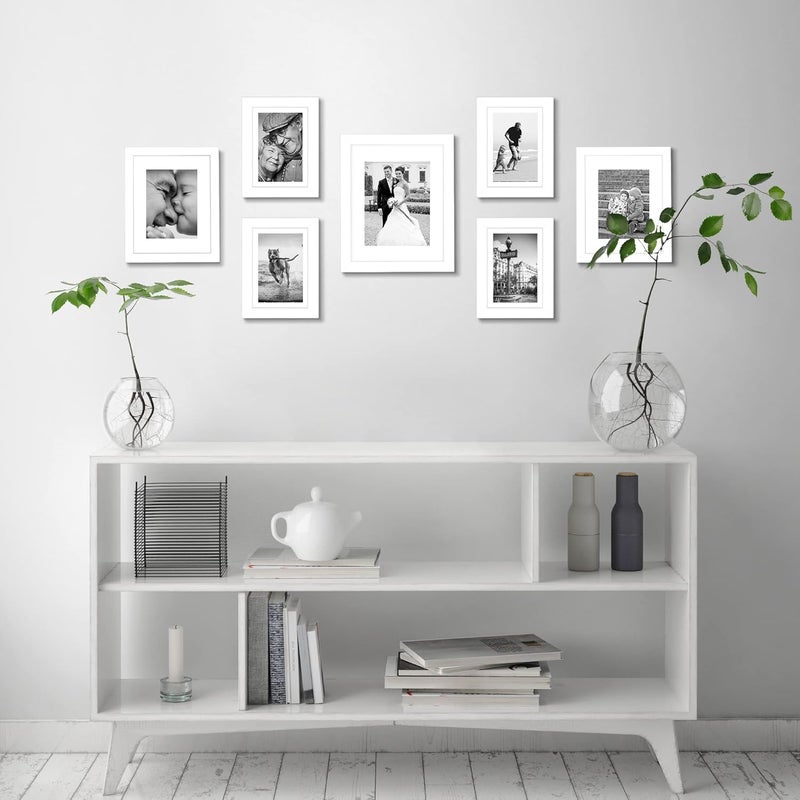 Americanflat 7 Piece White Gallery Wall Picture Frame Set with Mats in 11x14, 8x10, and 5x7 - Composite Wood with Shatter Resistant Glass - Horizontal and Vertical Formats for Wall and Tabletop - Image 4