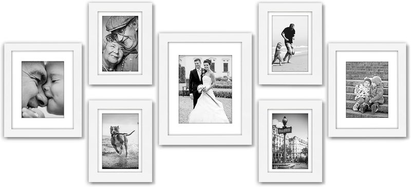 Americanflat 7 Piece White Gallery Wall Picture Frame Set with Mats in 11x14, 8x10, and 5x7 - Composite Wood with Shatter Resistant Glass - Horizontal and Vertical Formats for Wall and Tabletop - Image 1