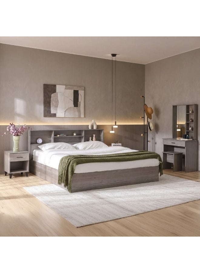 DANUBE HOME Gamorah New 180x200 King Bed Set with 1 Nightstand, Dresser, Mirror & Stool Modern King Size Bed Set for Bedroom, Stylish Furniture Set with Storage & Elegant Design - Warm Grey - Image 1
