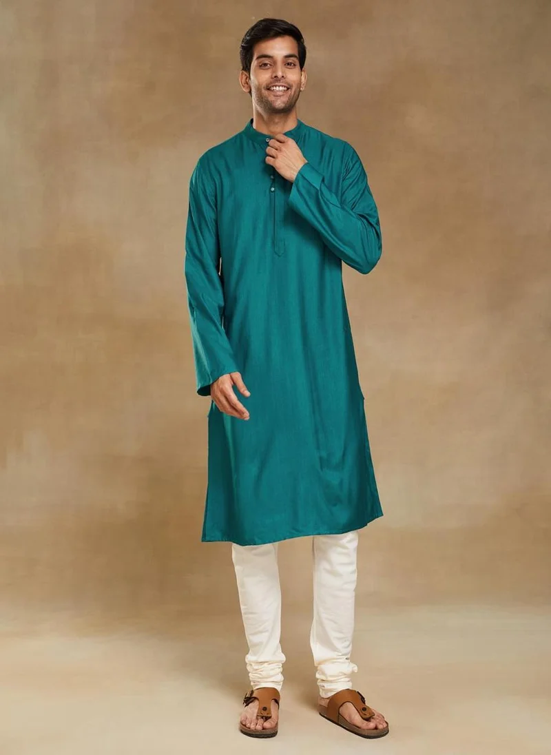 فاب انديا Turquoise Viscose Silk Slim Fit Long Kurta