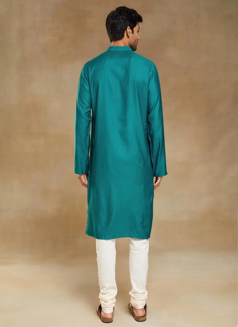 Fabindia Turquoise Viscose Silk Slim Fit Long Kurta