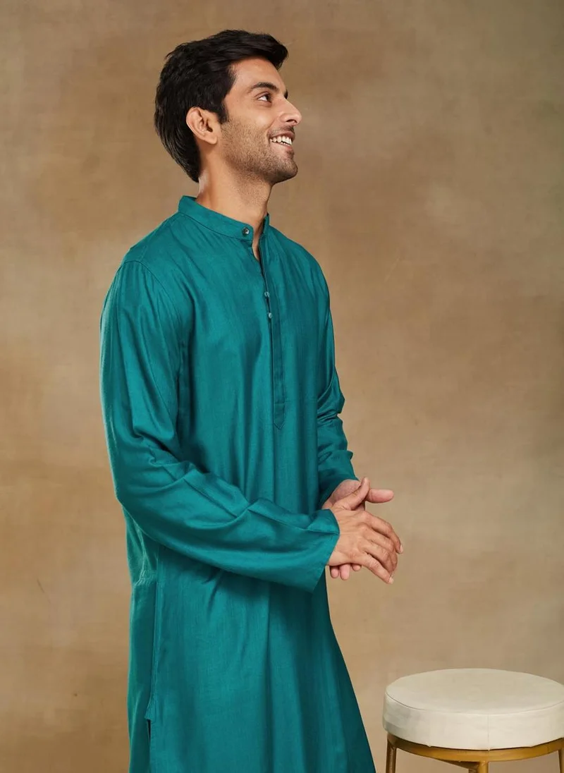 Fabindia Turquoise Viscose Silk Slim Fit Long Kurta