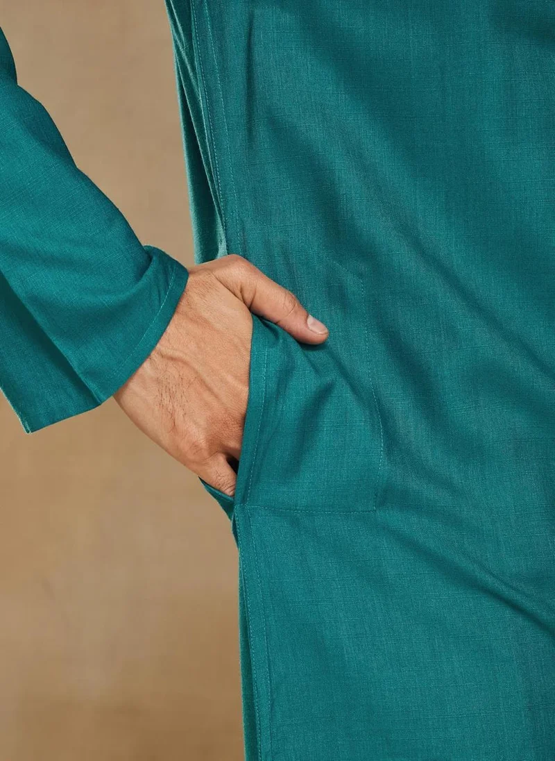 Fabindia Turquoise Viscose Silk Slim Fit Long Kurta
