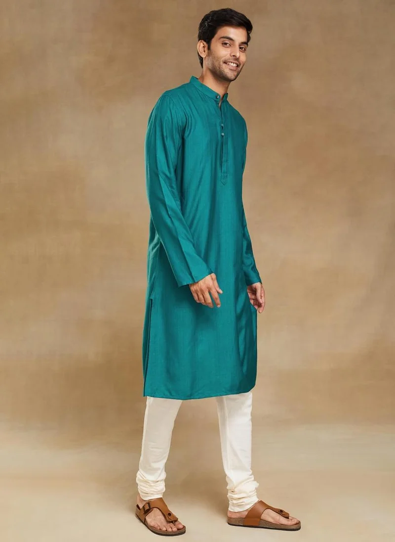 Fabindia Turquoise Viscose Silk Slim Fit Long Kurta