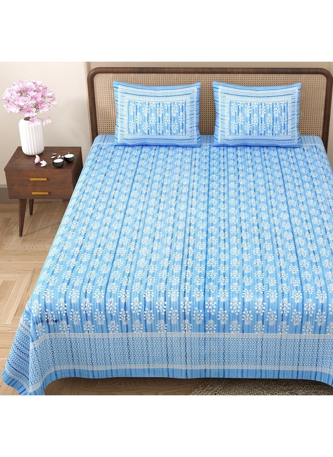 راجاستانكارت ملاءة سرير راجاستان كارت من القطن الخالص 180 خيطًا بحجم كينج مع غطائي وسادة - 90 × 108 (مناسبة لملاءة سرير بحجم كينج أو سرير مزدوج، أزرق) PSP114  - Image 3