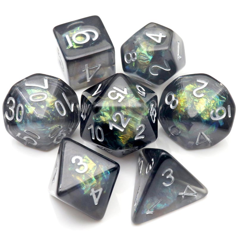 Haxtec DND Dice Set 7PCS Resin Dice Set Black with Iridescent Mylar Inclusion Polyhedral DD Dice for Roleplaying Dice Games Compatible with Dungeons and Dragons - Image 3