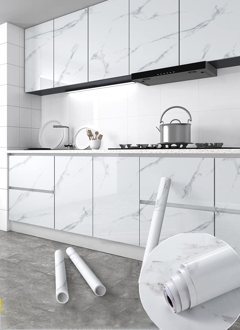 HELLKIT Glossy Marble Paper Granite Gray/White Wallpaper Peel and Stick Wallpaper Self Adhesive Removable Wallpapers 23.6″ ×197″ Waterproof Countertop Paper for Cabinet Countertop Furniture Kitchen Viny Film - Image 1