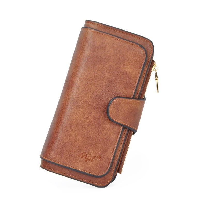 NGIL Women Wallet Faux Leather RFID Trifold, High Capacity Women Wallet, Multi Credit Card Holder Organizer Ladies Clutch, Faux Leather Vintage Wallet (Brown) - Image 1