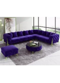 Maharat Al Bahar Luxury Purple Velvet Chesterfield Sofa Set – 6-Seater L-Shaped Sectional Sofa with Golden Legs, Traditional Tufted Design for Elegant Living Room  - Image 1
