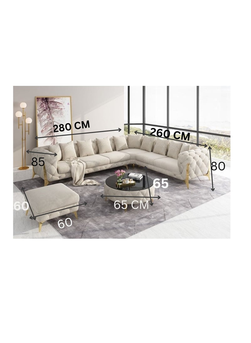 Maharat Al Bahar Luxury Purple Velvet Chesterfield Sofa Set – 6-Seater L-Shaped Sectional Sofa with Golden Legs, Traditional Tufted Design for Elegant Living Room  - Image 2