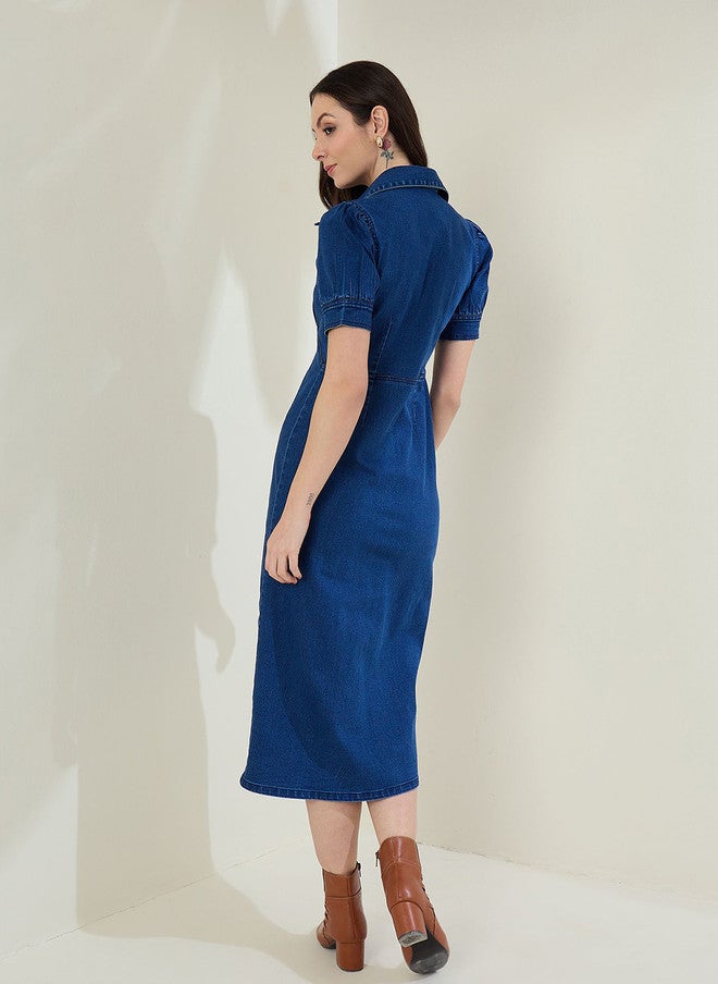 StyleStone فستان ميدي دنيم أزرق سادة للنساء من ستايل ستون مع ياقة قميص وأكمام قصيرة - Image 5