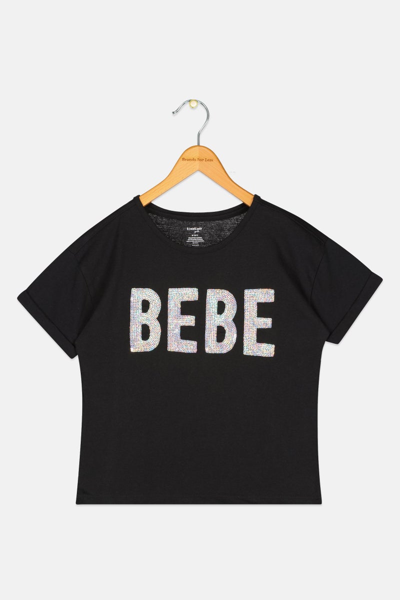 bebe Kids Girl Crew Neck Short Sleeve Sequin Detail Top, Black - Image 2