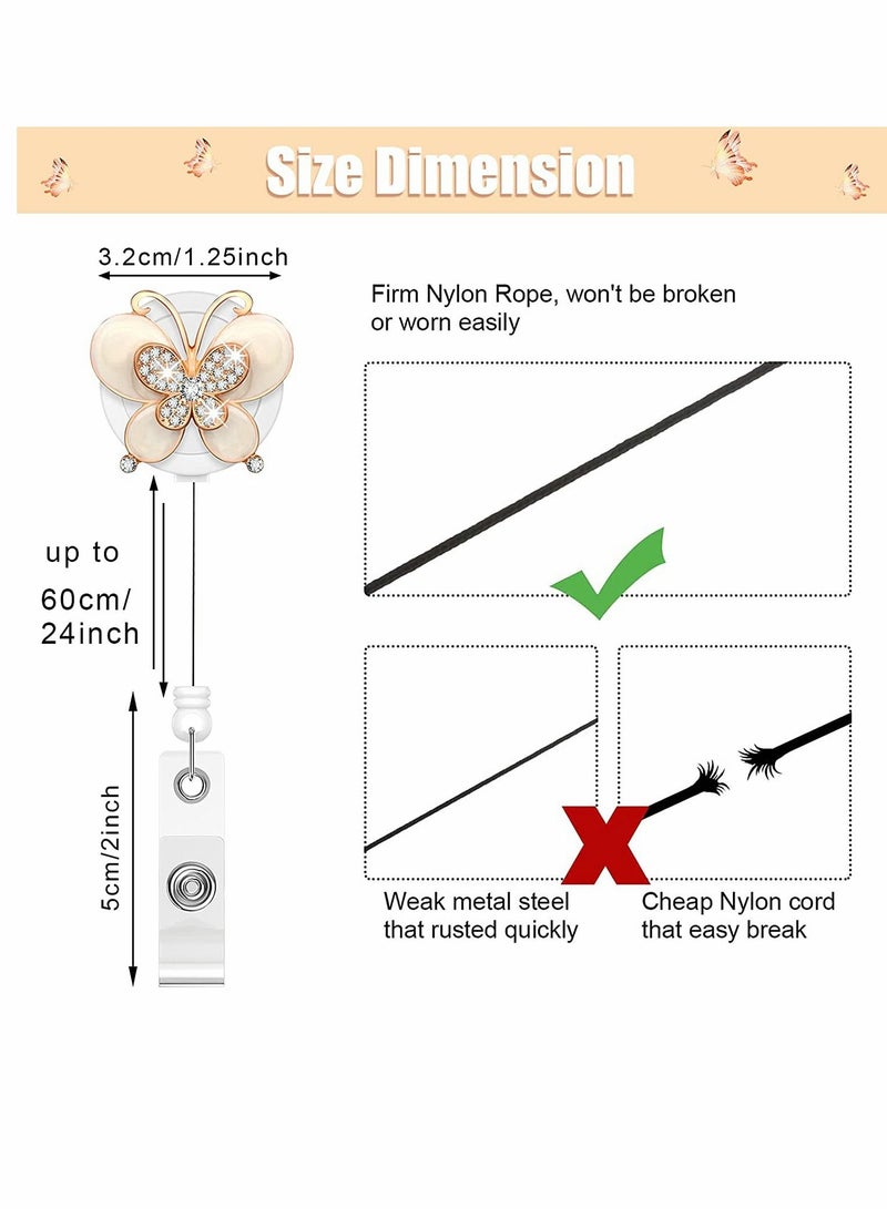 الأزرق جي دبليو Rhinestone Retractable Badge Holder Reel, Cute Animals Handmade Bling ID Holders with Clip, Name Card for Volunteer Nurses Doctors Teachers, 5 Pieces (Butterfly Style) - Image 3