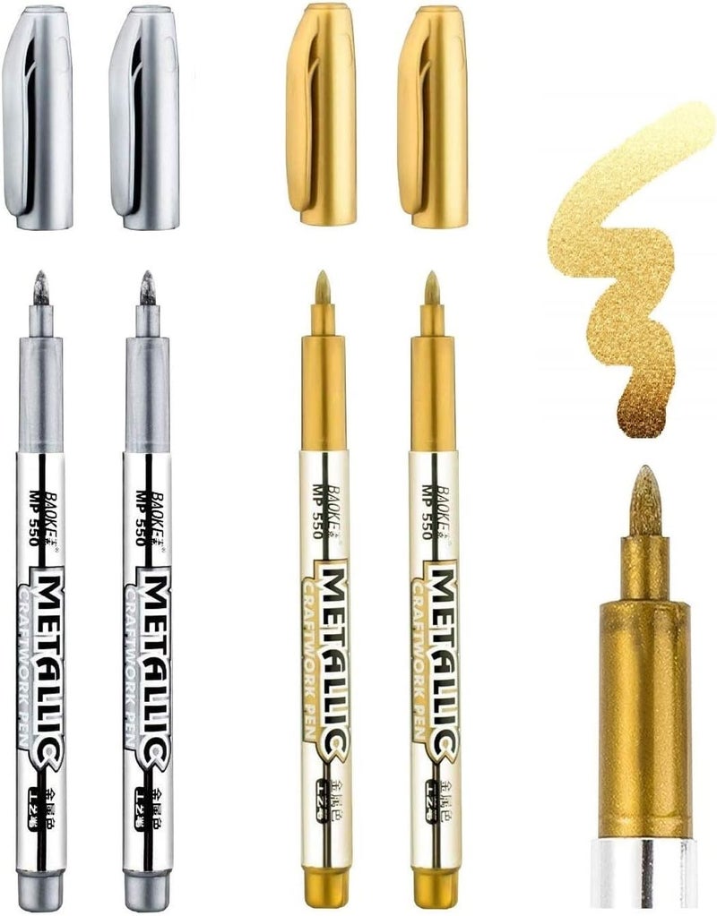 Definite Metallic Craftwork Pen 1.5Mm Nib Silver&Golden Pen For Application On Paper,Cloth,Leather,Plastic,Glass,Ceramics,Cds Etc. Marker Ink (Pack Of 4,Golden,Silver),round - Image 1