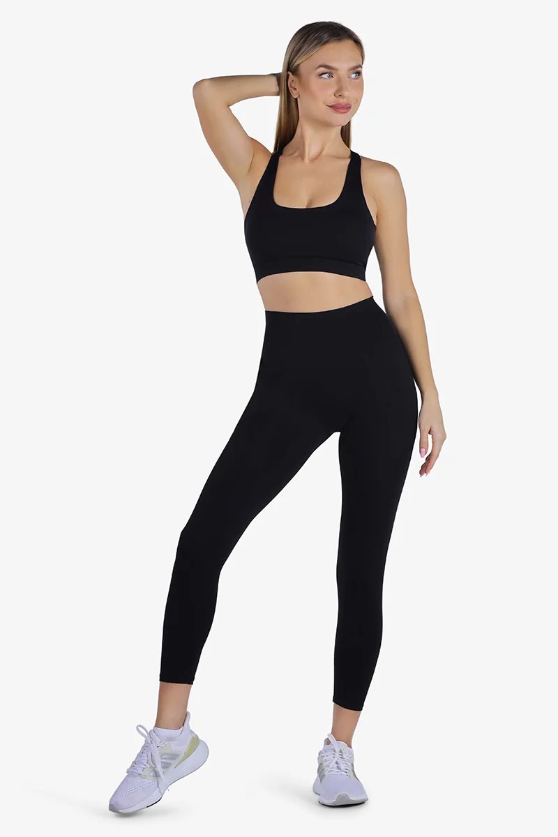 ياسيكو YesEco Women’s Black Activewear Set – Padded Sports Bra & High-Waist Stretch Pants – Sustainable Recycled Nylon & Spandex Workout Outfit for Gym, Yoga, Pilates, or Athleisure Wear