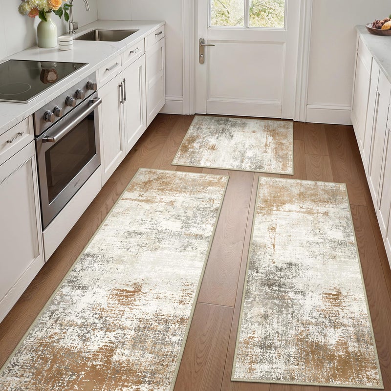 GENIMO Kitchen Rugs Sets of 3 Non Slip Washable Kitchen Mats for Floor, Waterproof Abstract Kitchen Runner Rug, Floor Mat Carpet for Hallway, Laundry, Sink, Entryway, Bathroom, Gold - Image 1