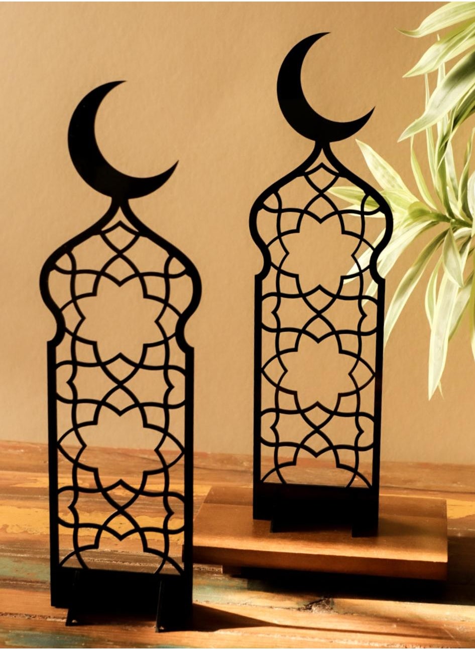 LOWHA Set of 2 Acrylic Decor Stands in Ramadan Crescent Shape with Islamic Pattern 